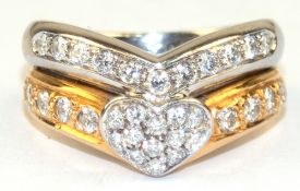 Brillant-Ring, 750er GG/WG, 2 Bicolor-Ringschienen, mit 21 Brillanten besetzt sowie mit einem Herz 