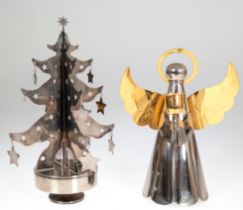 2 Weihnachtsfiguren, versilbert, dabei stilisierter Engel mit goldfarbenen Flügeln, Heiligenschei