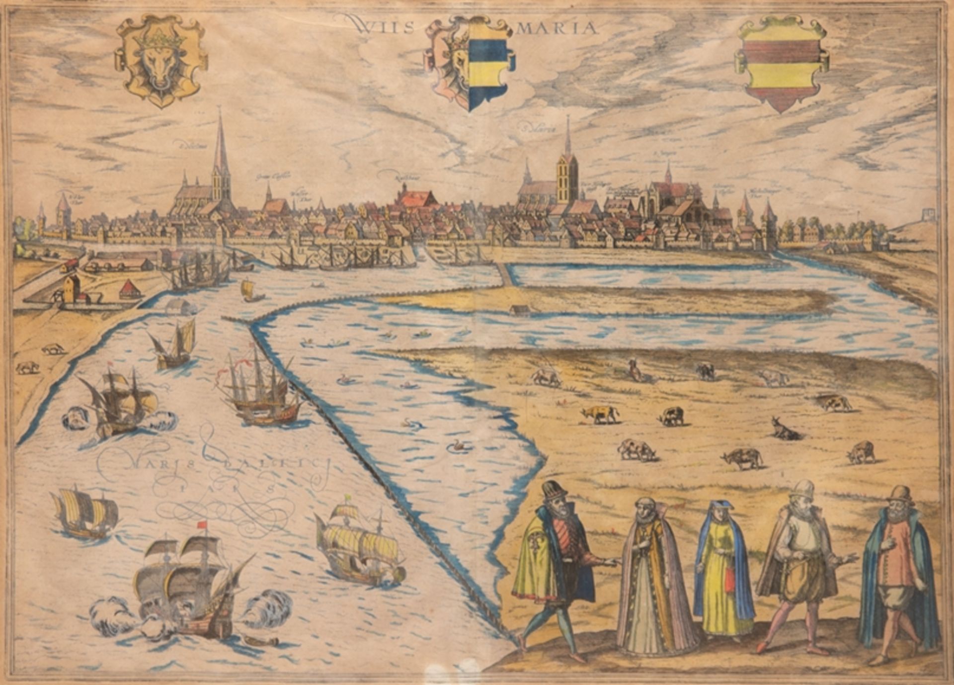 "Wismar-Stadtbild mit Wappen", altkolorierter Kupferstich, 17. Jh., min. Farbverluste, 39x50,5 cm, 