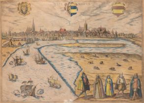 "Wismar-Stadtbild mit Wappen", altkolorierter Kupferstich, 17. Jh., min. Farbverluste, 39x50,5 cm,