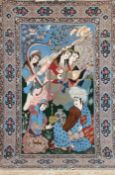 Bild-Teppich, Isfahan, Korkwolle auf Seide, signiert, figürlich, Darstellung eines Orientalen mit 4