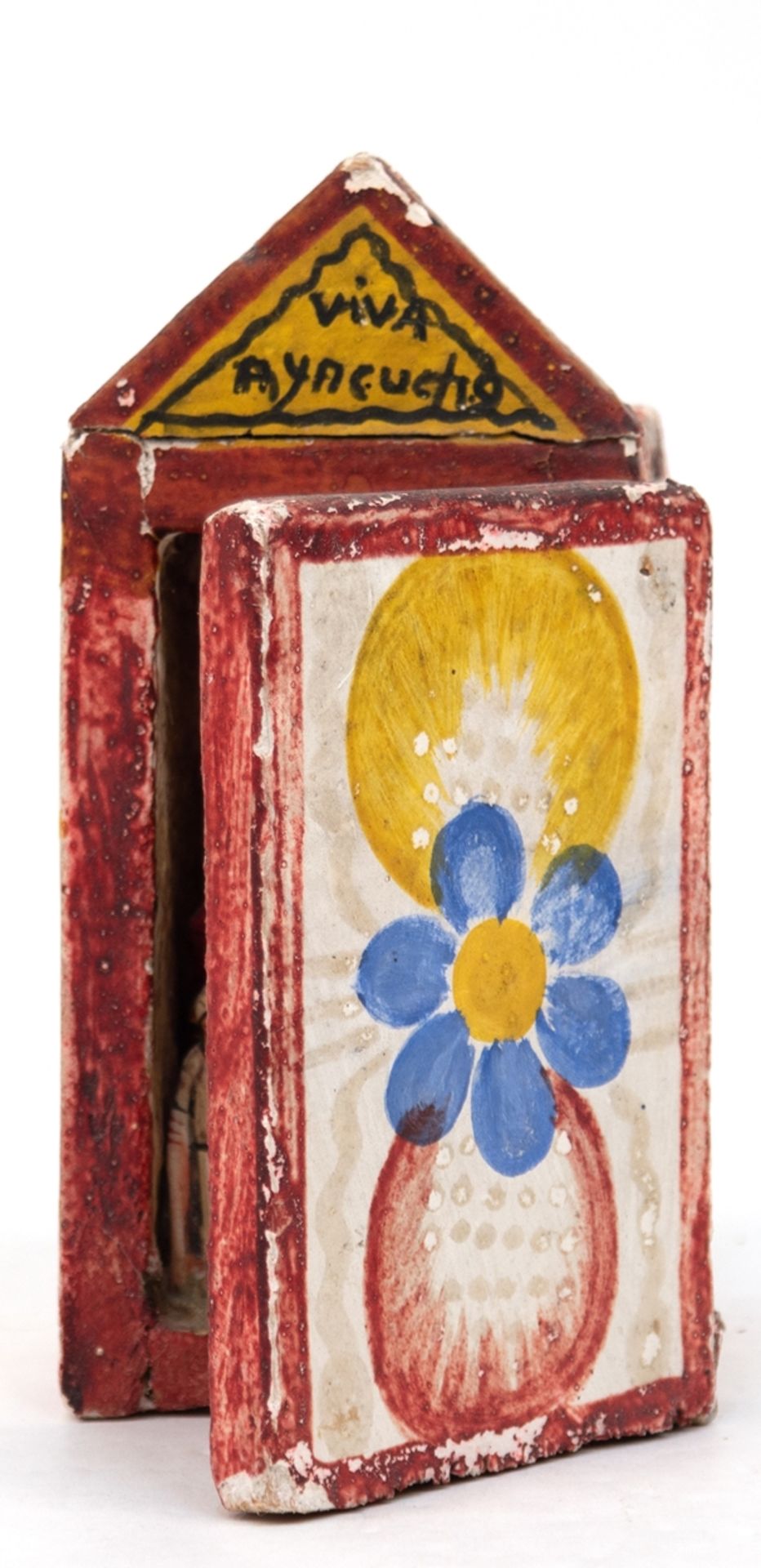 Antiker Altarschrein, Peru Anfang 20. Jh., Holz, farbig gefaßt, florale Bemalung, 1-türig, vielfigu