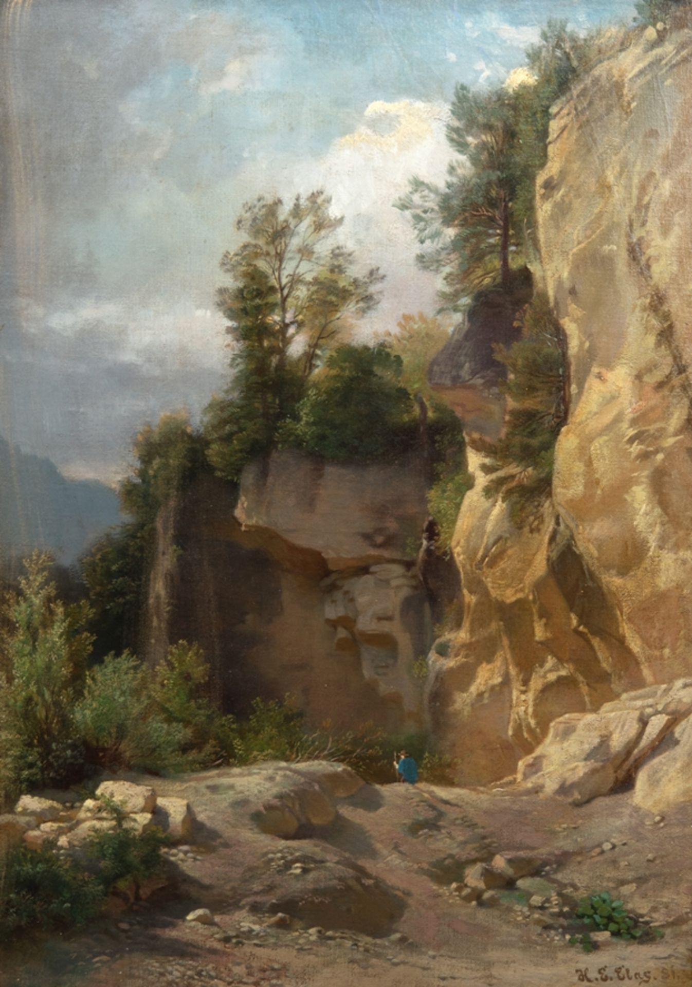 "Einsamer Wanderer im Gebirge", Öl/ Lw./ Platte, undeutl. sign. u.r., 59x41 cm, Rahmen