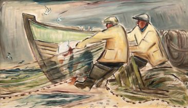 Sprenger, Heinz (1914 Cranz-1984 Timmendorfer Strand) "Der Fischzug", Öl/ Lw., sign. u.r., 51x91 cm