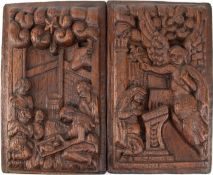 Paar Reliefs "Verkündung" und "Heilige Familie", Holland um 1600, Eiche geschnitzt, inaktiver Anobi