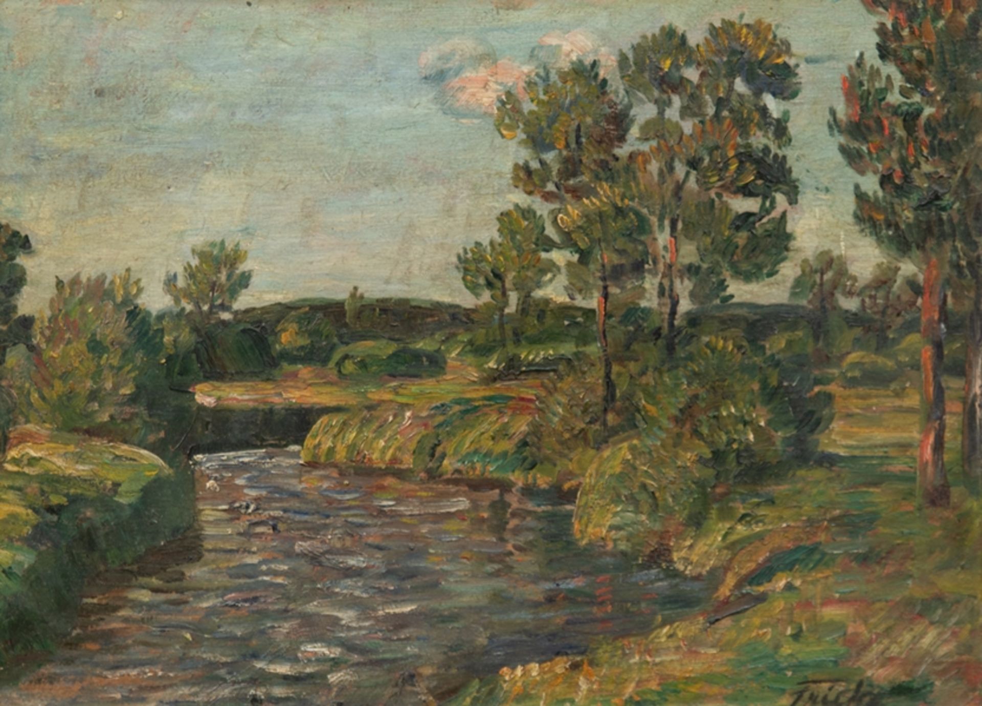 Fricke, August (1875 Grüningfeld -1948 Bremen) "Worpsweder Landschaft", Öl/ Karton, sign. u.r., 25x