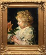 "Das Kind mit dem Vogel", nach Peter Paul Rubens, Öl/ Holz, unsign., 50x41,5 cm, Rahmen