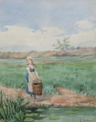 Büttner, E. "Mädchen beim Wasser holen", Aquarell, sign. u.r., 28x22 cm, im Passepartout hinter Gla