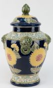 Jugendstil-Deckelvase, Keramik, polychromer Floraldekor auf blauem Grund, H. 42 cm