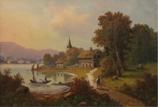 Johann, F. "Seenlandschaft mit Personenstaffage", Öl/ Lw., sign. u.r., 40x59,5 cm, Rahmen