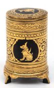 Betel-Box, Burma um 1920/30, Pappmaché-Dose mit Goldmalerei, rund, auf 3 Füßen, leichte Gebrauchspu