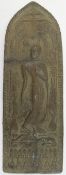 Relieftafel "Stehender Buddha", Thailand, Metall, grün patiniert, 2x altreparierte Risse, 36,5x12,5