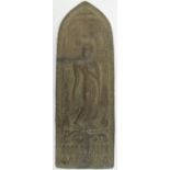 Relieftafel "Stehender Buddha", Thailand, Metall, grün patiniert, 2x altreparierte Risse, 36,5x12,5