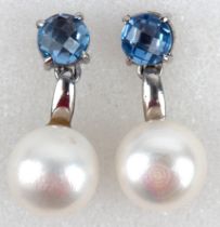 Ohrringe mit großen, echten Perlen ca. 12,5 mm, Blautopase vollflächig facettiert, Länge ca. 2,2 cm