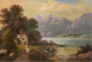 Johann, F. "Berglandschaft mit Personenstaffage", Öl/ Lw., sign. u.r., 39x60 cm, Rahmen