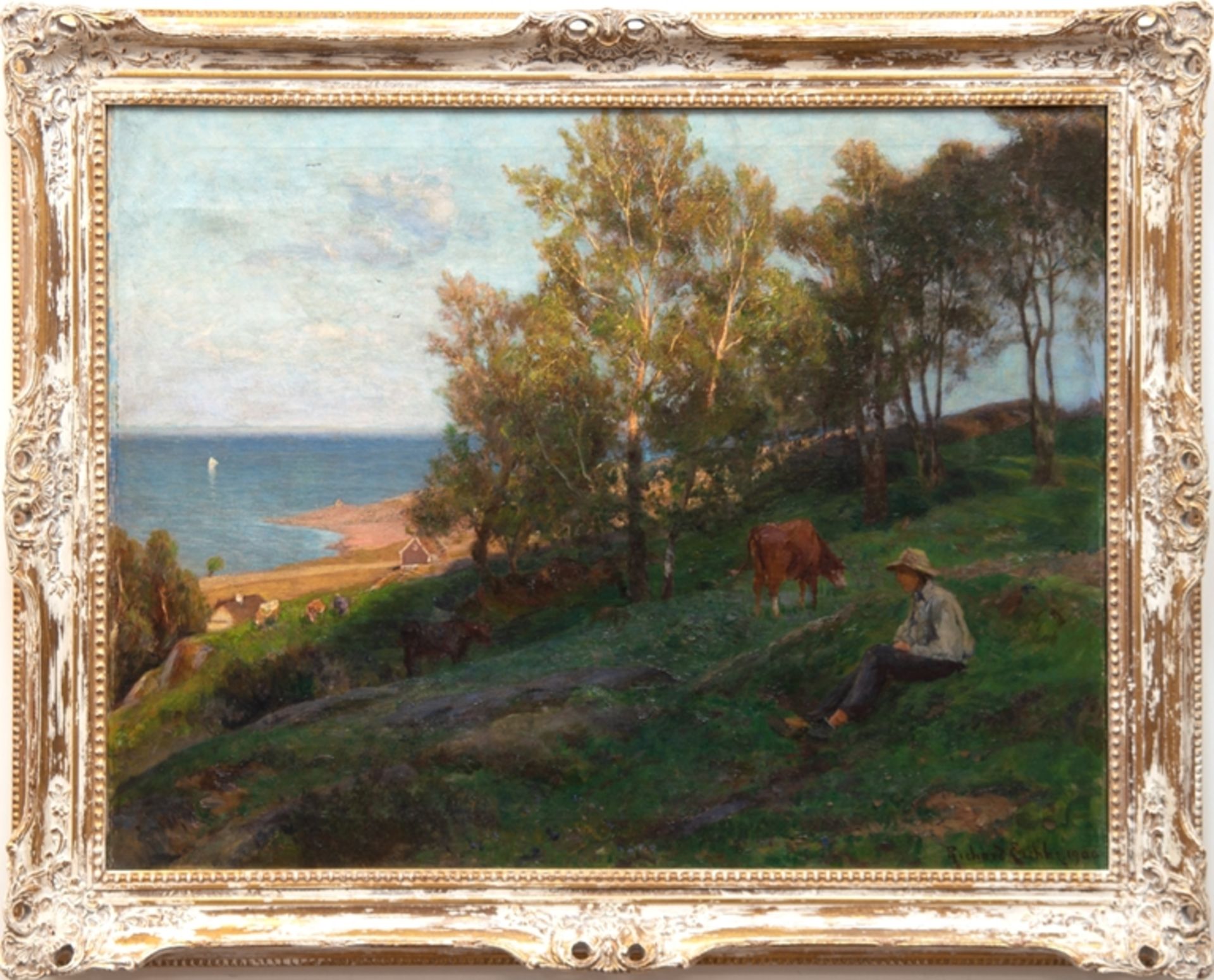 Eschke, Richard (1859 Berlin-1944 Jüterborg) "Ein sommerlicher Tag an der Küste", hügelige Uferland
