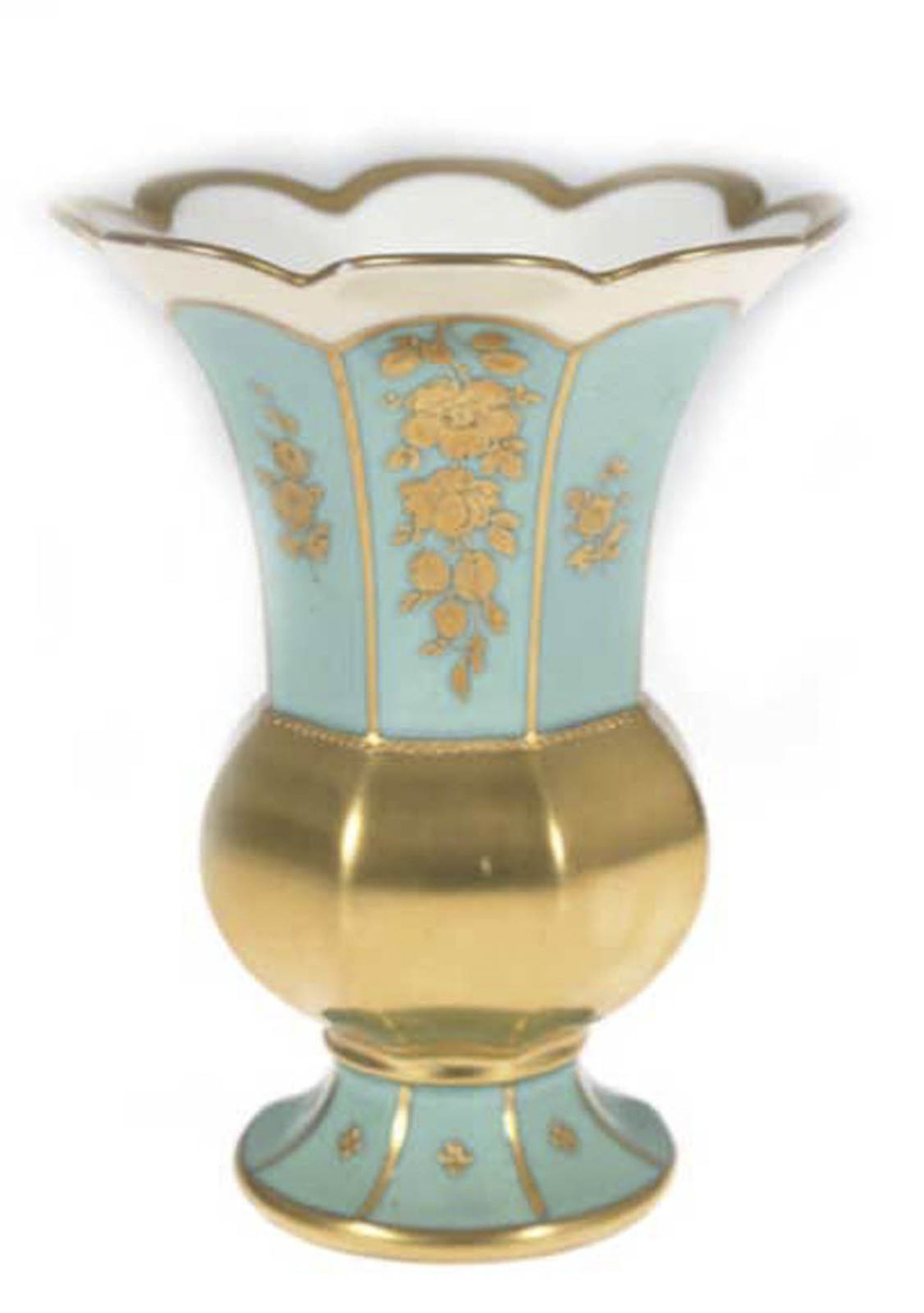 Vase, Hutschenreuther, Dresden 1914, grüner Fond, teilvergoldet, goldene Blumenbemalung, H. 15 cm