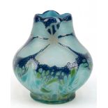 Jugendstil-Vase, Kralik, um 1900, hellblaues Glas mit farbigen Einschmelzungen und Golddekor, H. 9,