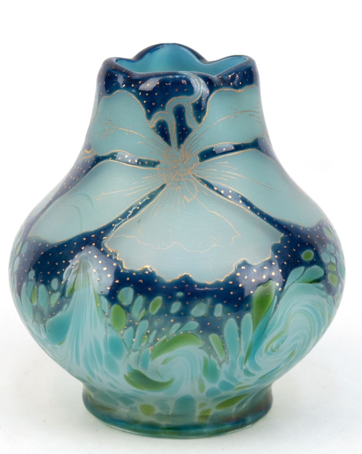 Jugendstil-Vase, Kralik, um 1900, hellblaues Glas mit farbigen Einschmelzungen und Golddekor, H. 9,