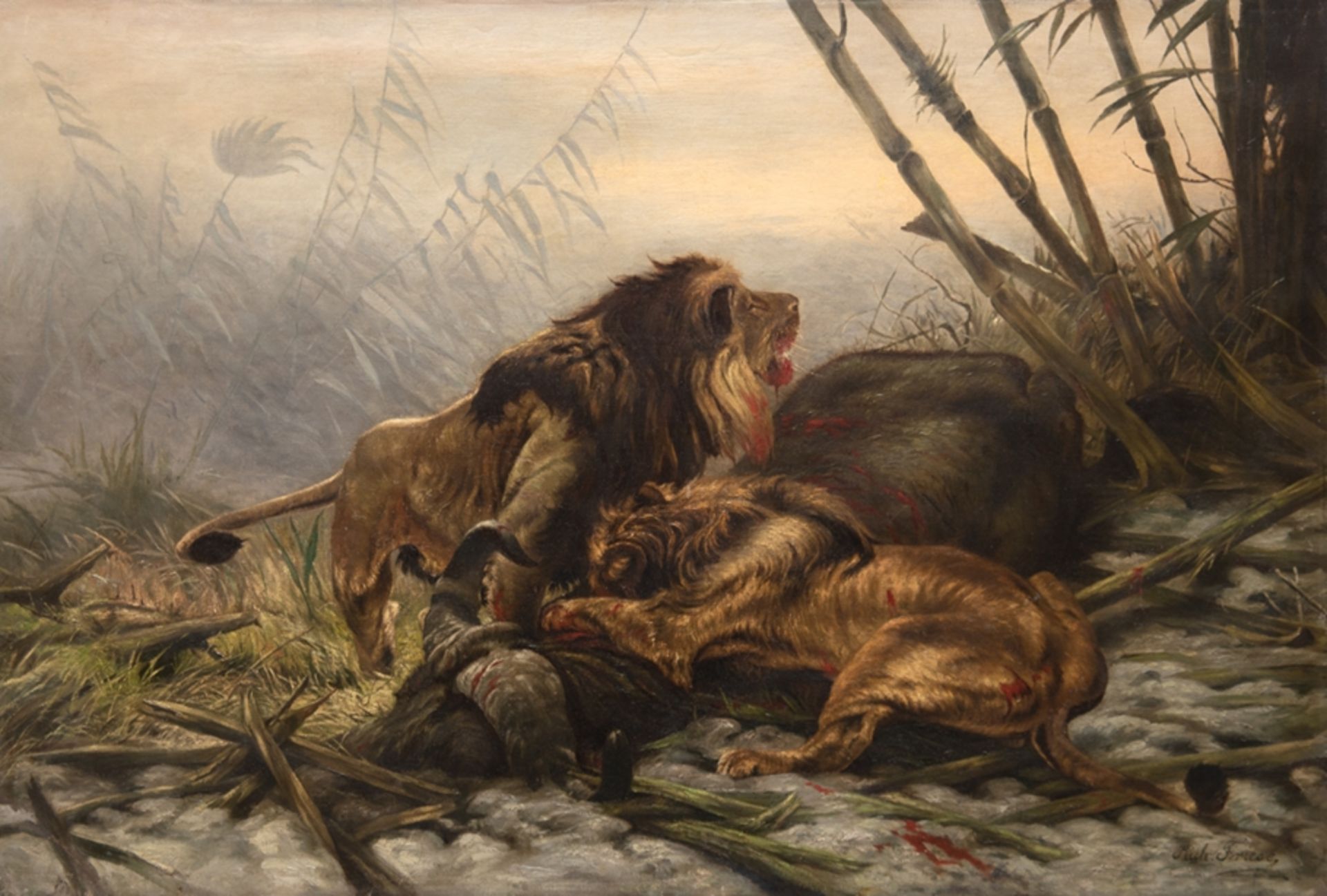 Friese, Richard (1854 Gumbinnen/ Ostpr. -1918 Bad Zwischenahn) "Zwei Löwen mit gerissenem Wasserbüf