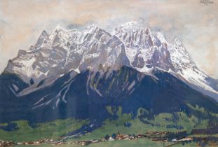 Reiser, Carl (1877 Garmisch-Partenkirchen-1950 ebenda) "Ehrwald mit Zugspitze", Gouache /Papier, si