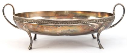 Schale, 800er Silber, oval, mit 2 seitlichen Henkeln, auf 4 Bocksfüßen, Rand mit Palmettenrelief, c
