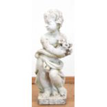 Gartenfigur "Putti mit Blumenstrauß", Steinguß, Gebrauchspuren, H. 50 cm