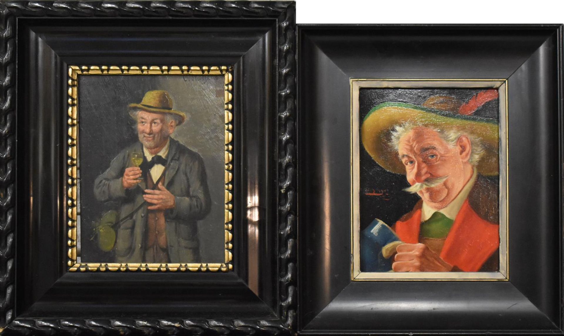 EICHINGER, ERWIN / STOITZNER, C.. Mann mit Krug / Mann mit Weinglas. Zwei Gemälde: Öl/Holz.