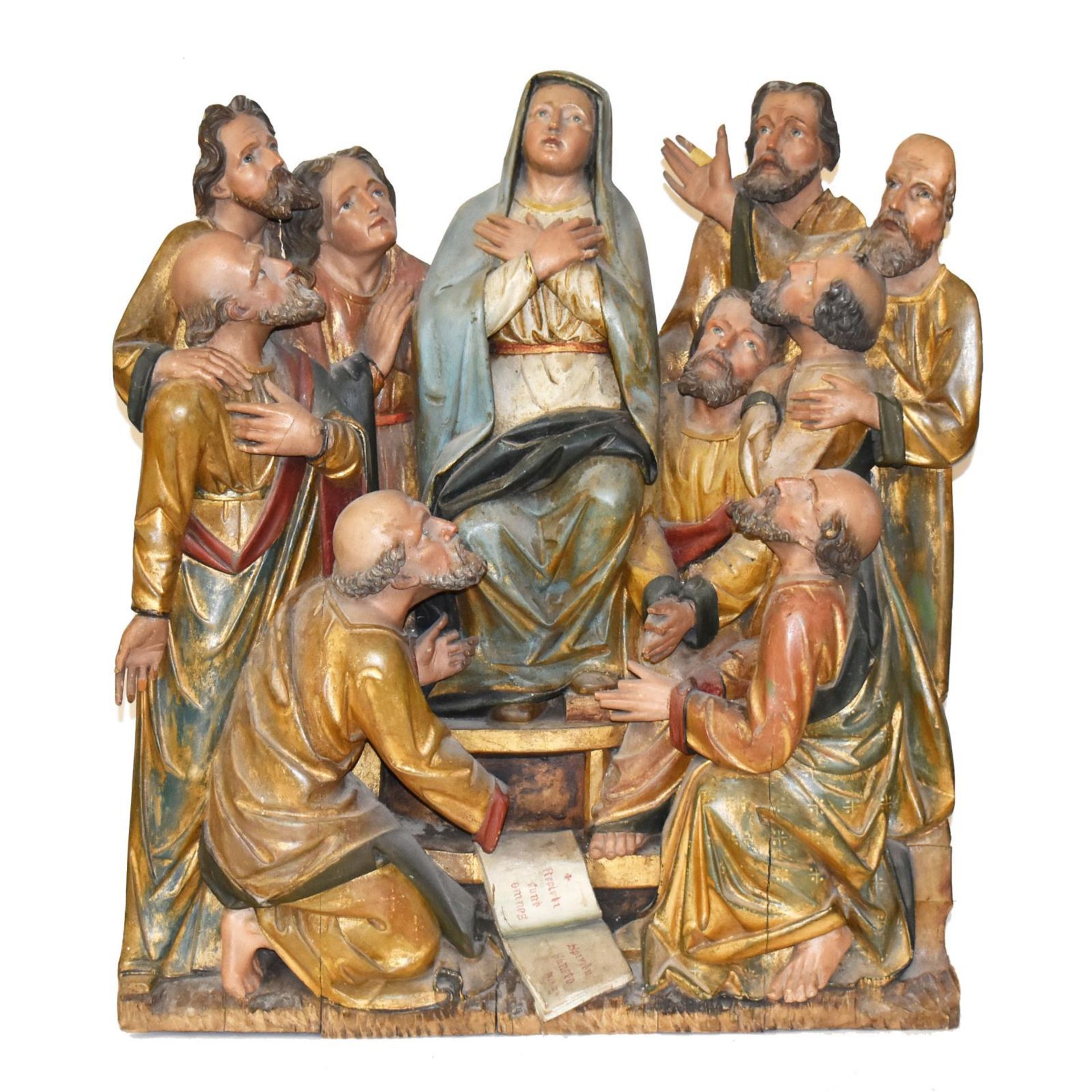 Relief: Pfingstwunder. 19. Jh. | Holz, geschnitzt, farbig gefasst.