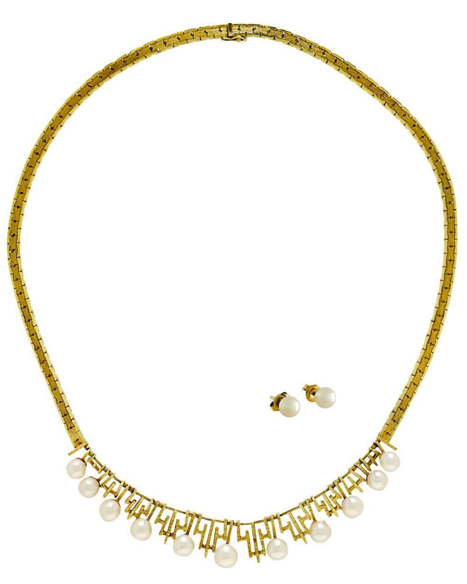 Collier und ein Paar Ohrstecker. Um 1965 | 14 K GG. Marken: 585.