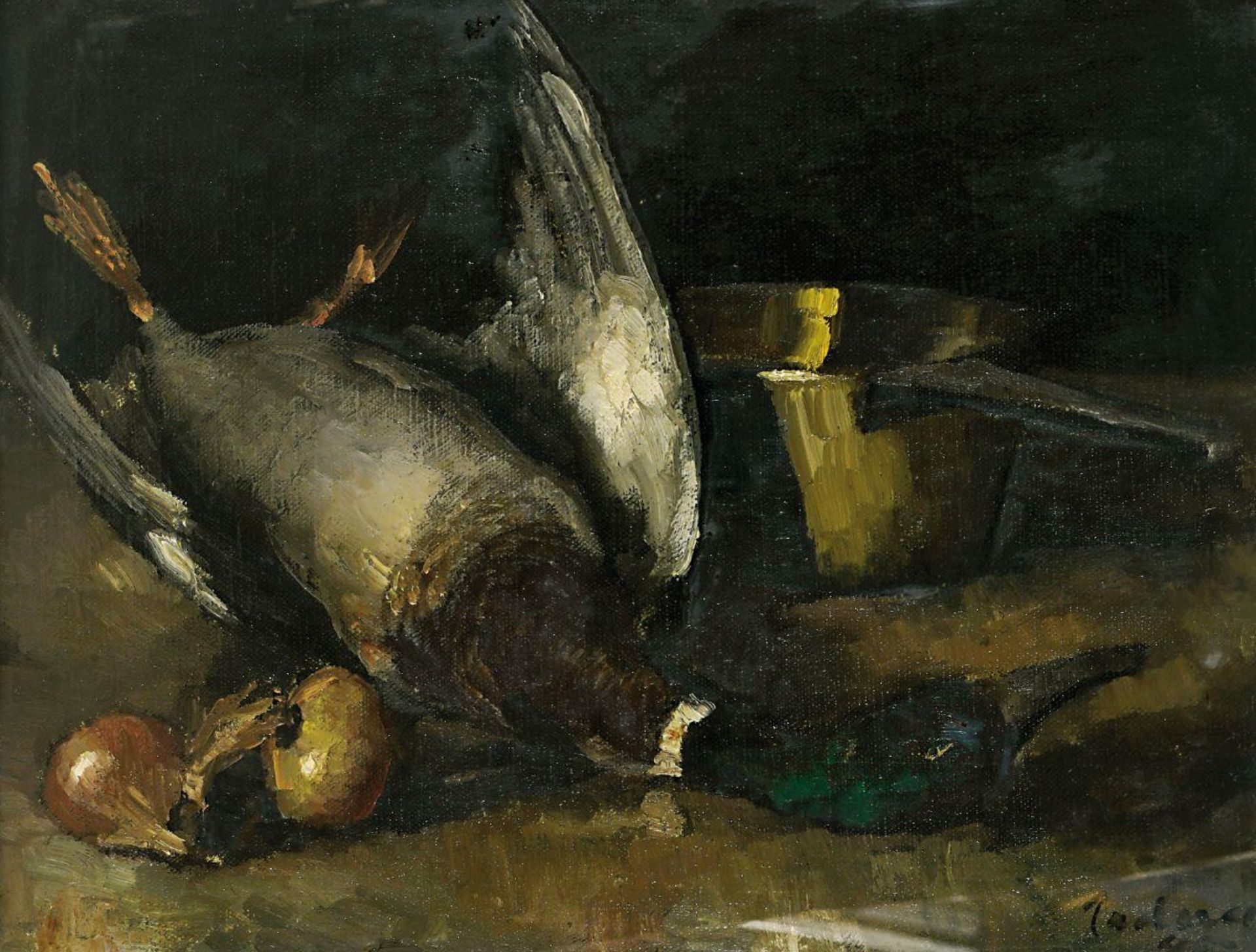 PADUA, PAUL MATHIAS. Küchenstillleben mit erlegter Ente. Öl auf Leinwand.