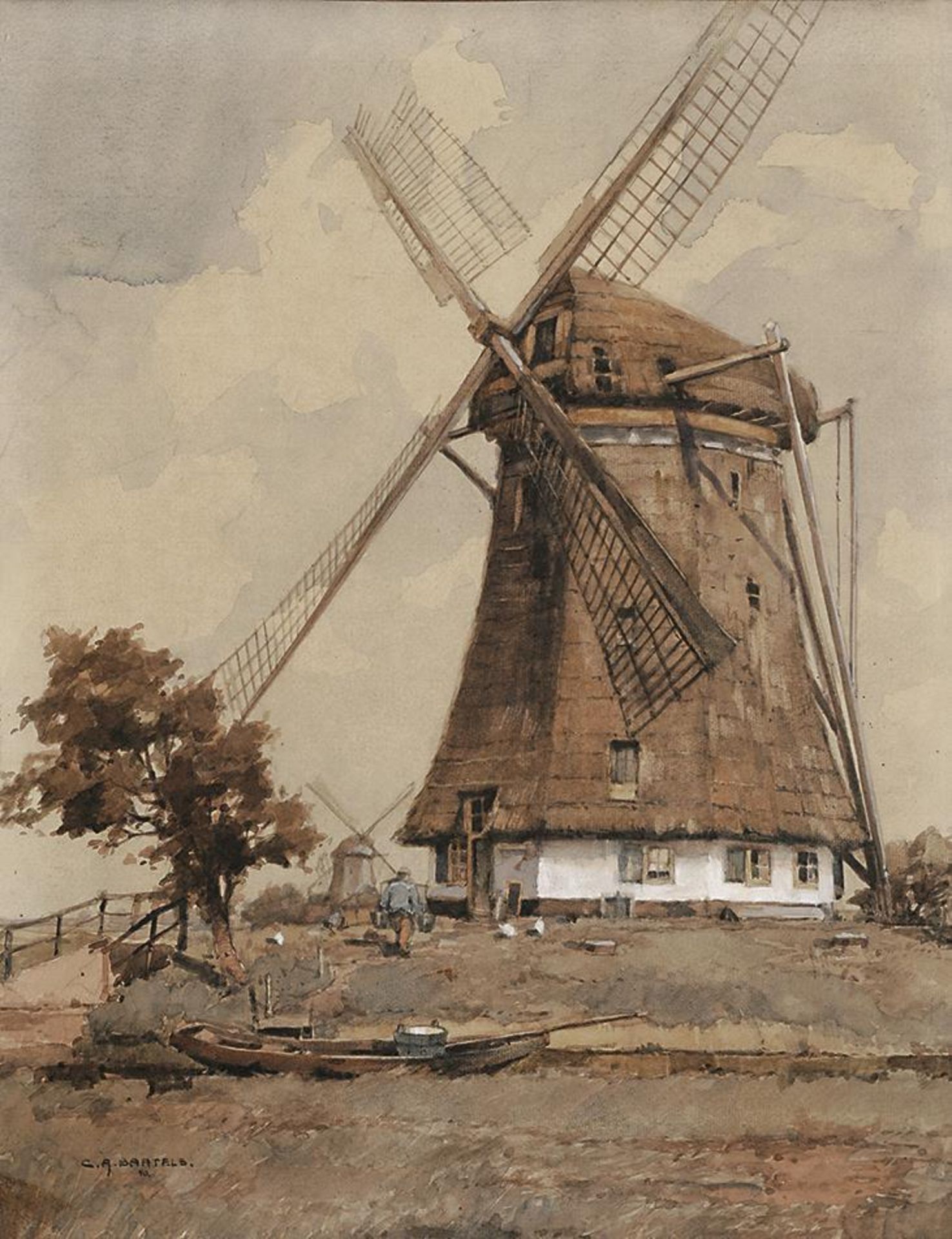 BARTELS, CORNELIUS ANTON. Windmühle. Aquarell.