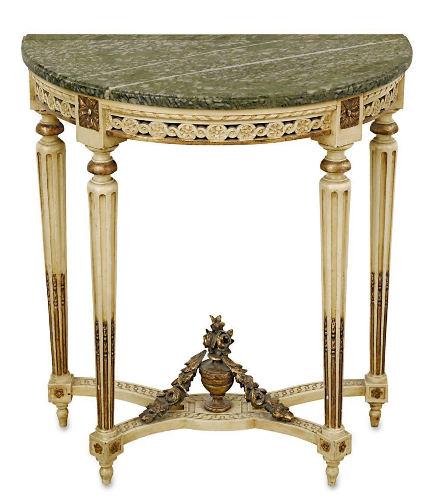 Demi-Lune-Konsole. Louis-XVI-Stil | Holz, geschnitzt, weiß und goldfarben gefasst.