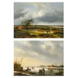 UNBEKANNT. Holländische Landschaften: Aufziehendes Gewitter und Eisläufer. Ein Paar Gemälde: Öl a...