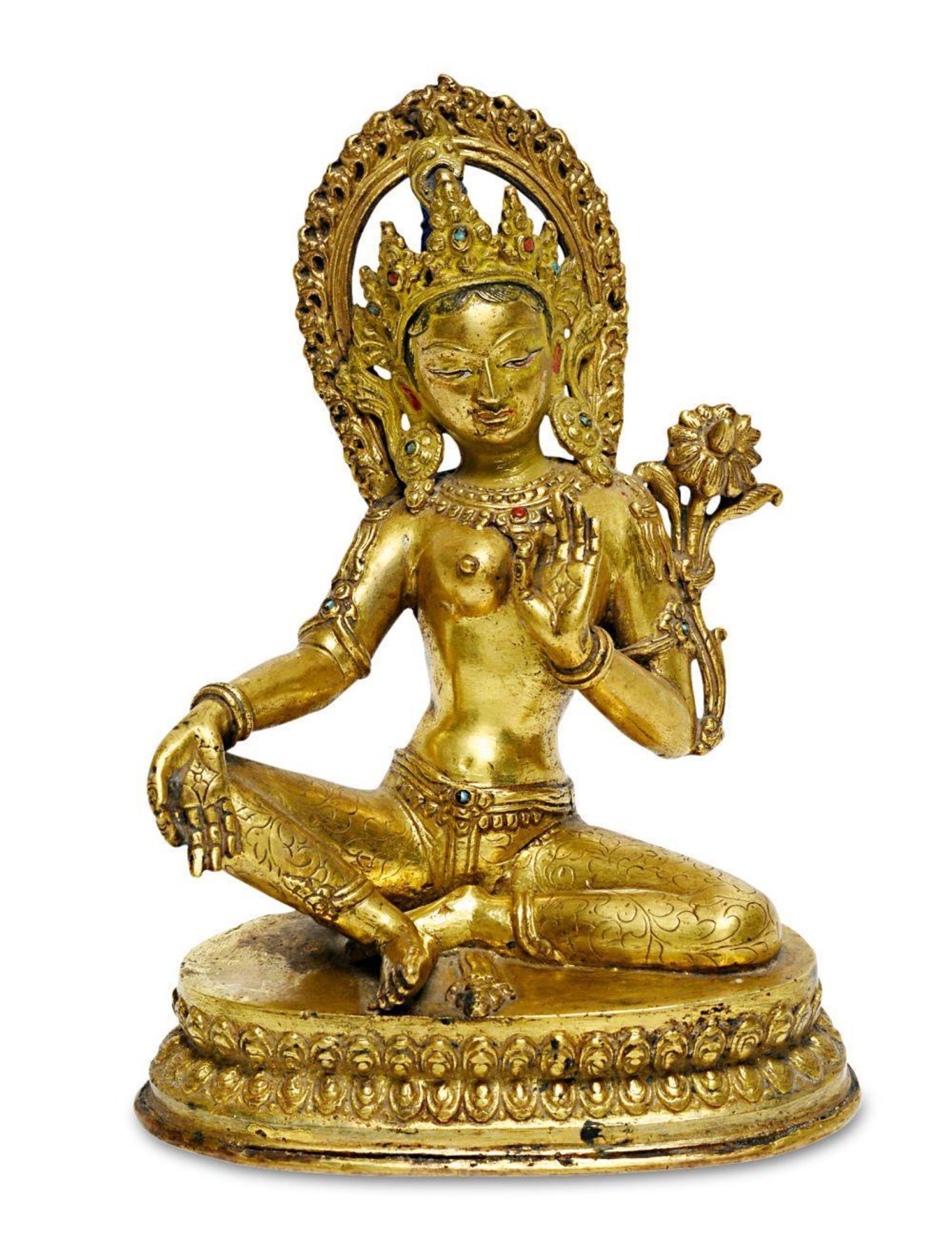 Grüne Tara. Nepal (wohl) | Bronze, vergoldet, Farbsteine, tlw. farbig bemalt.