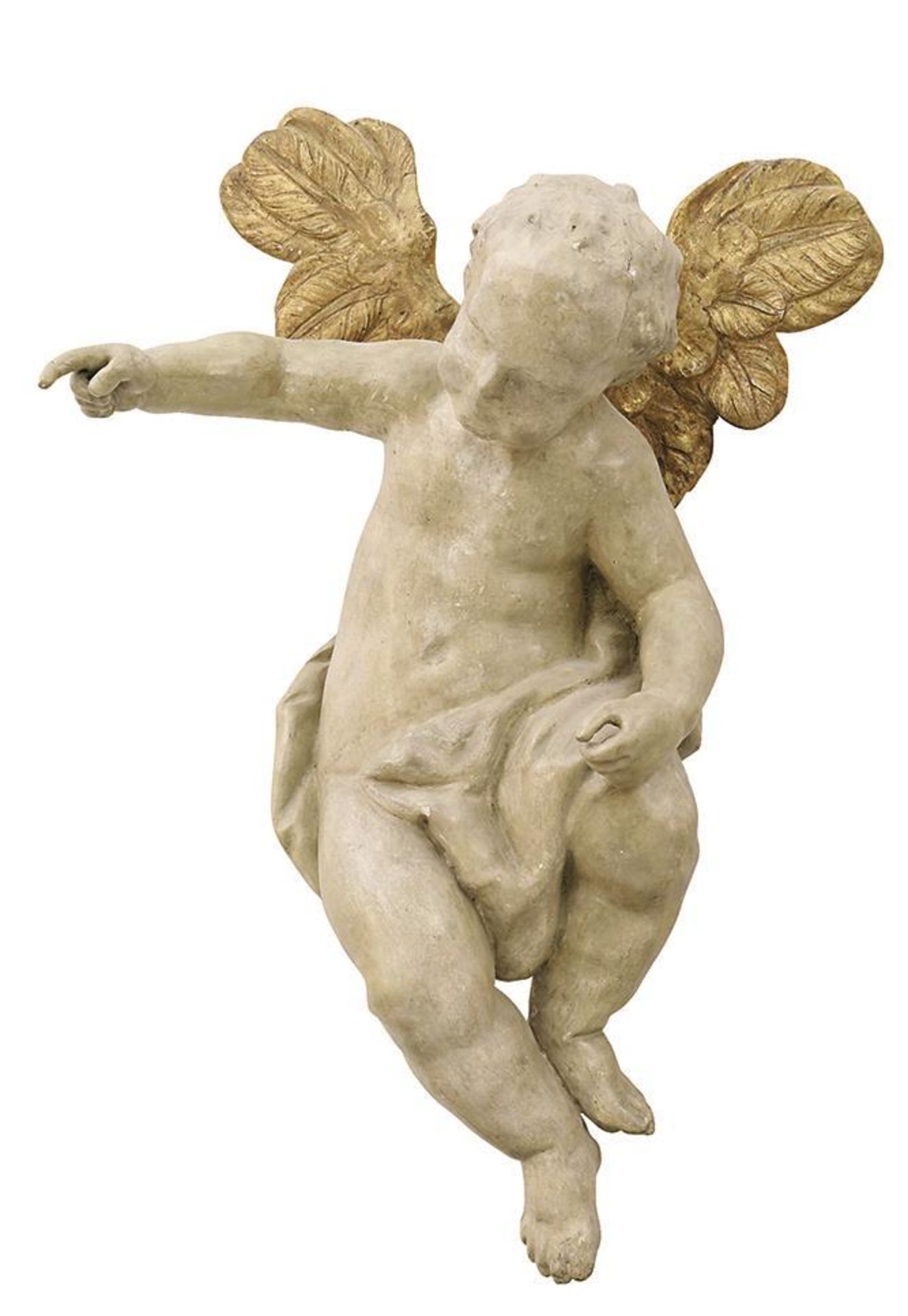 Geflügelter Putto. 18./19. Jh. | Holz, geschnitzt, weißgrau und gold gefasst.