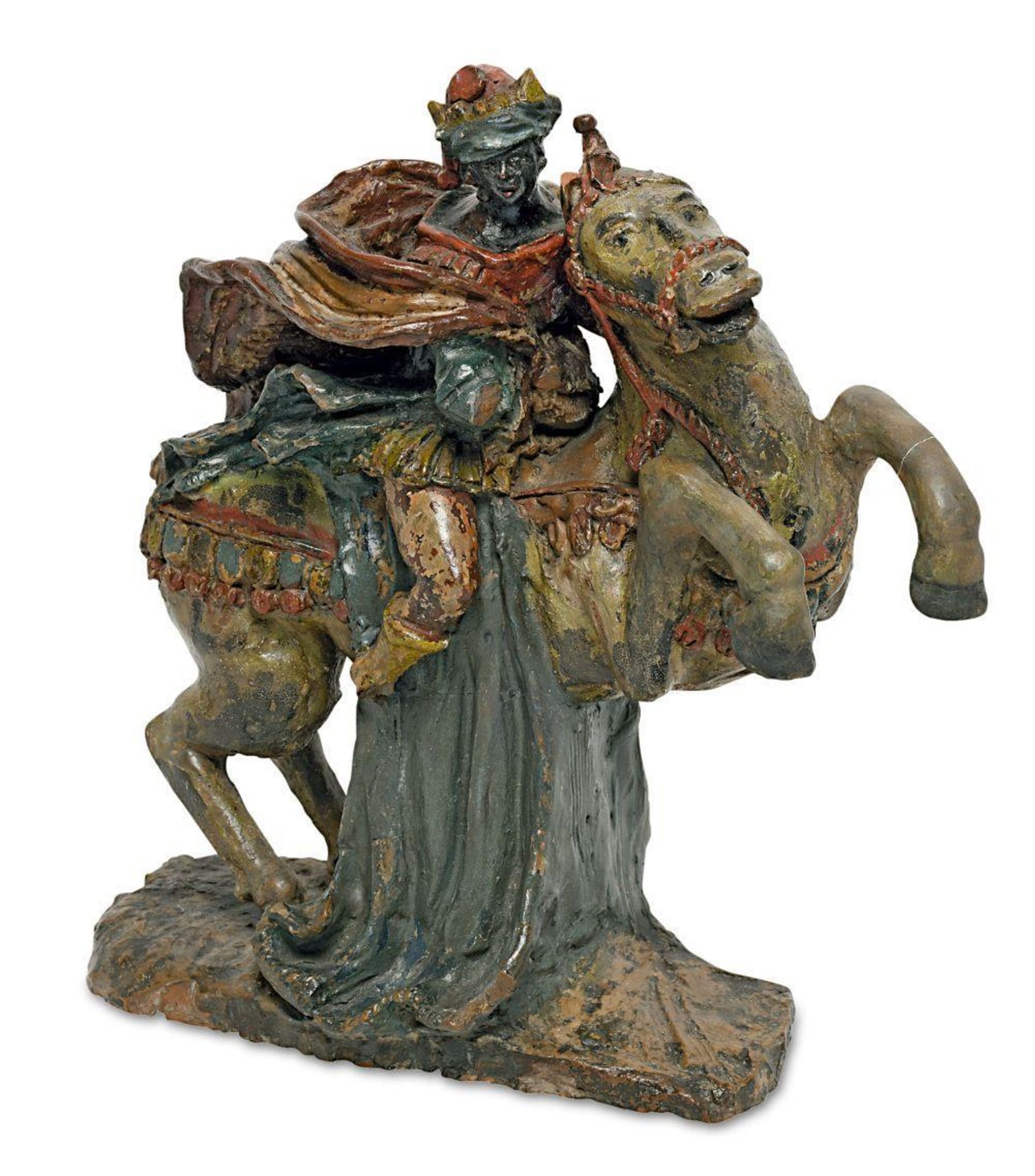 Krippenfigur - König zu Pferd. Venedig, 17. Jh. | Terrakotta, modelliert, farbig staffiert.