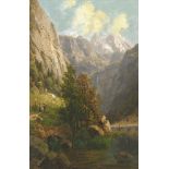 SCHOYERER, JOSEF. Gebirgssee mit Figurenstaffage. Öl auf Holz.