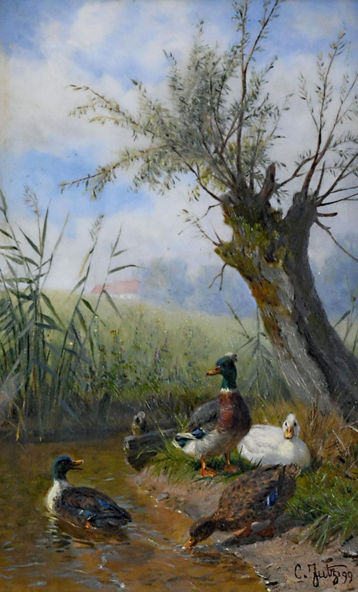 JUTZ, CARL I. Enten am Bach. Gouache (?) auf Porzellanplatte.