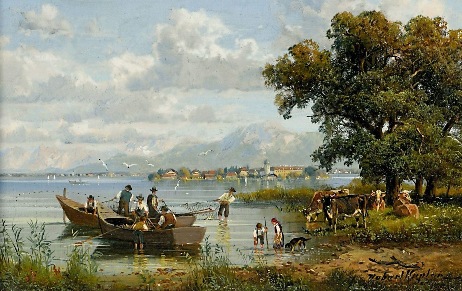 KAPLAN, HUBERT. Fischer am Chiemsee. Öl auf Leinwand auf Holz.