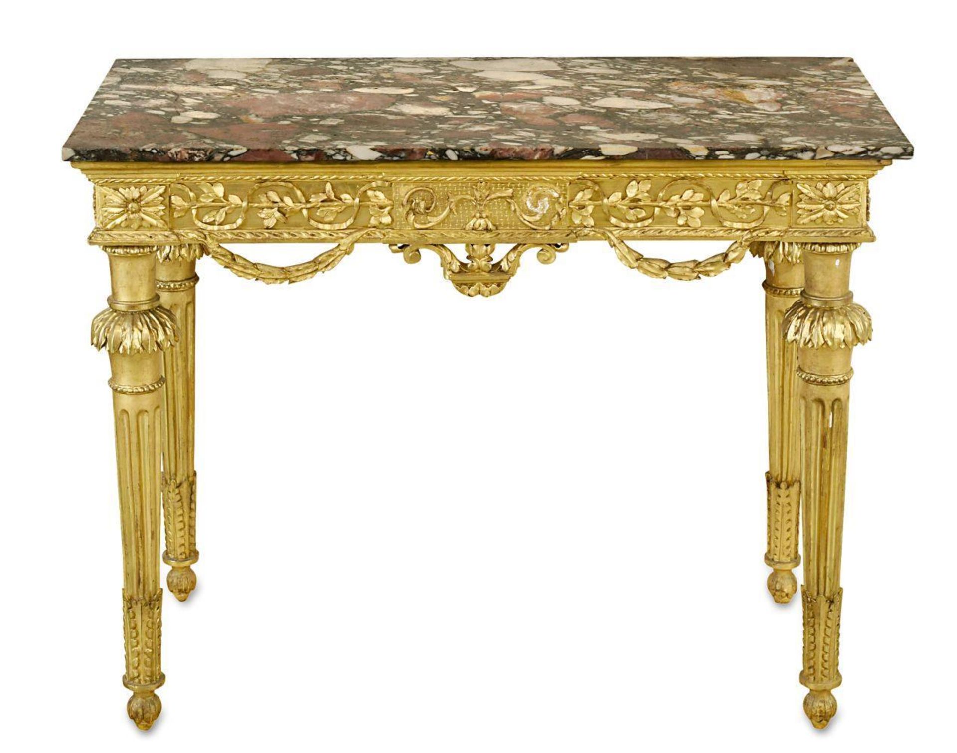 Konsole. Louis-XVI-Stil | Holz, beschnitzt, goldfarben, Marmorplatte.