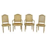 Acht Stühle und zwei Armlehnstühle. Louis-XVI-Stil | Holz, weiß und goldfarben gefasst, Rohrgefle...