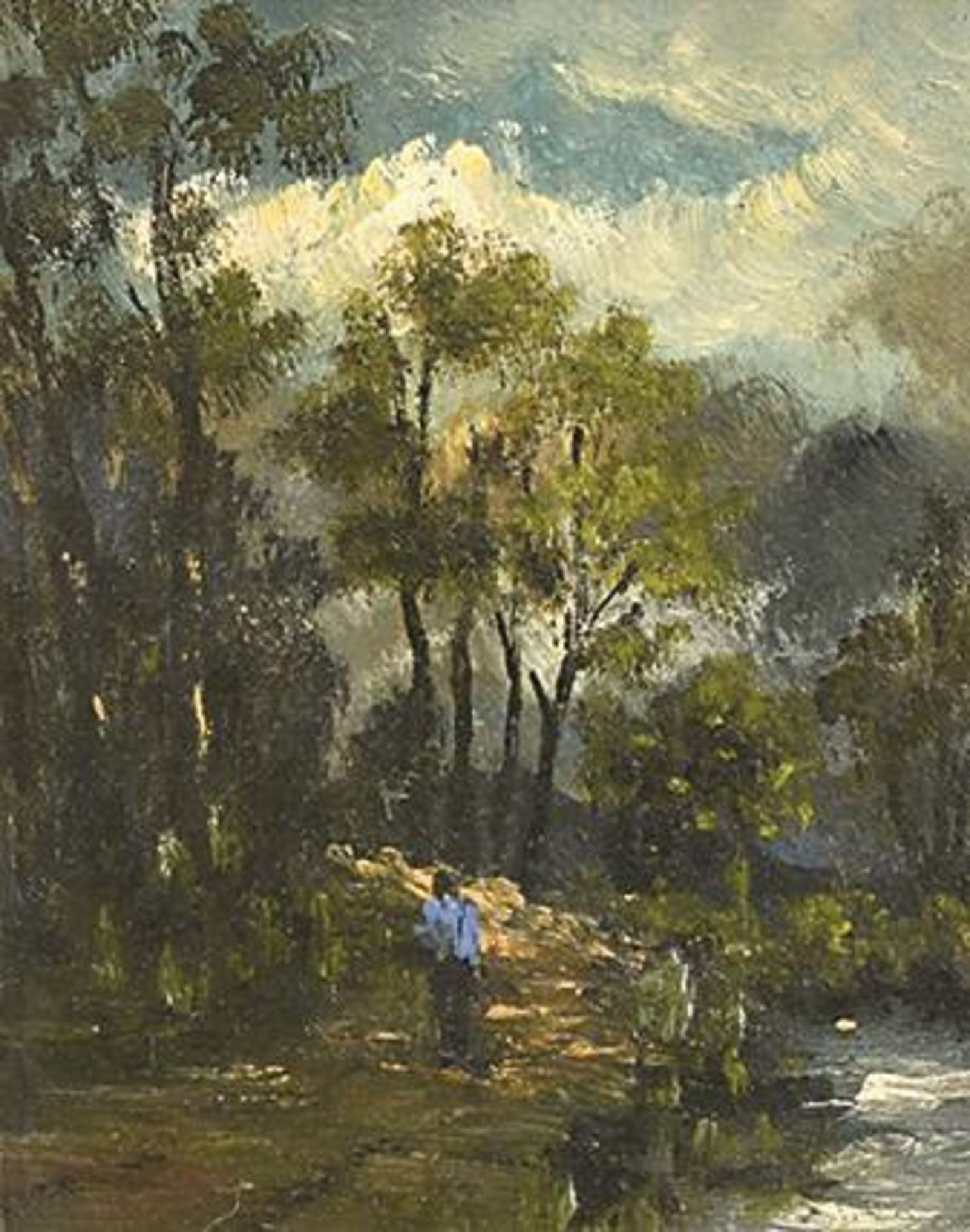 DAUBIGNY, CHARLES-FRANÇOIS (NACHFOLGER / IN DER ART VON). Spaziergänger am Fluss. Öl auf Holz.