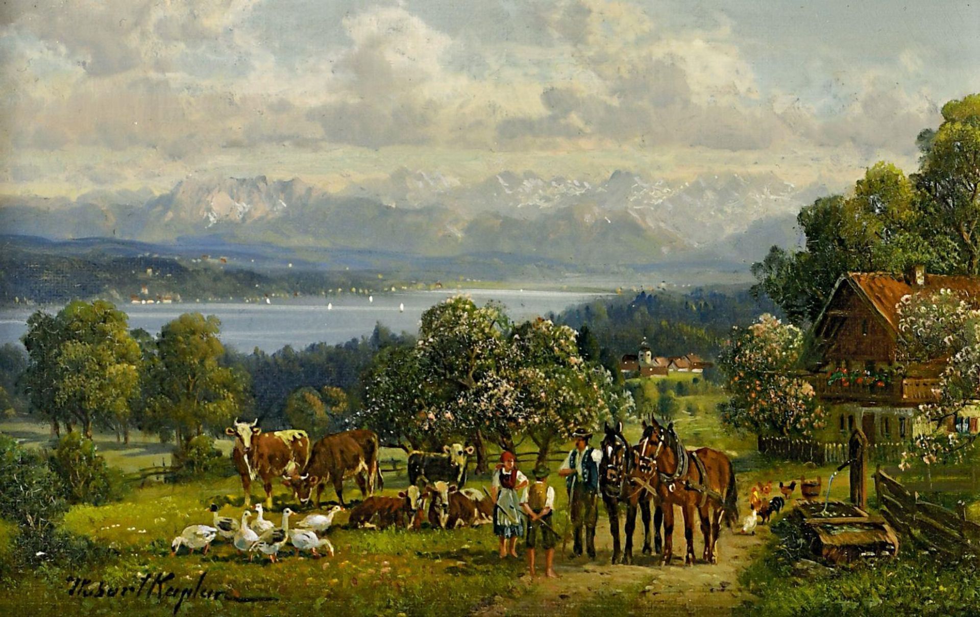 KAPLAN, HUBERT. Bauernhof über dem Tegernsee. Öl auf Leinwand auf Holz.