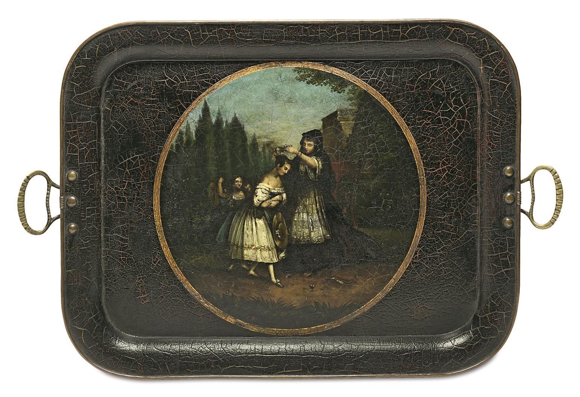 Lacktablett. Braunschweig, Lackmanufaktur Stockmann, nach 1836 | Metall, schwarz lackiert und bem...