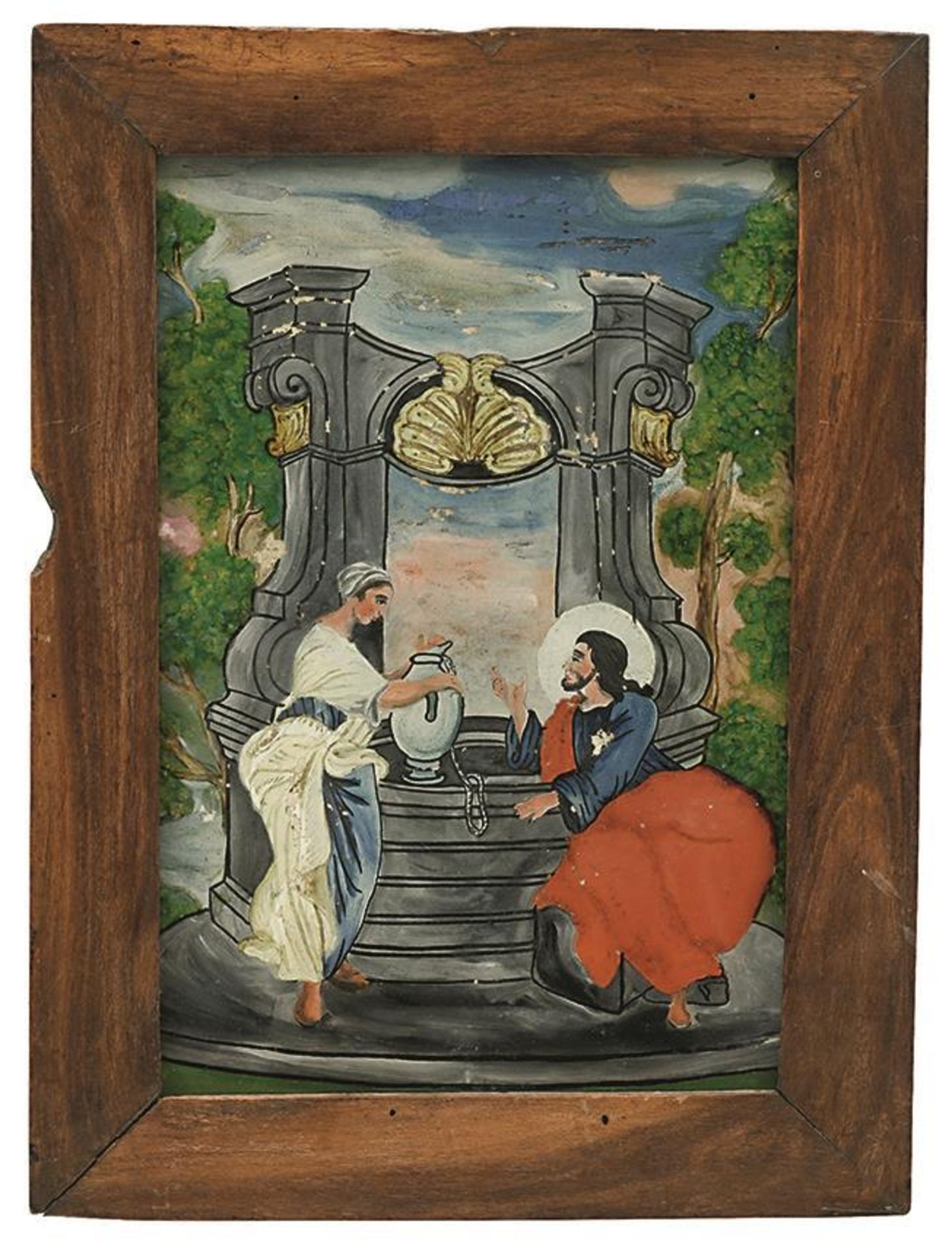 Christus und die Samariterin am Brunnen. Tirol (?), 18./19. Jh. | Hinterglasbild.