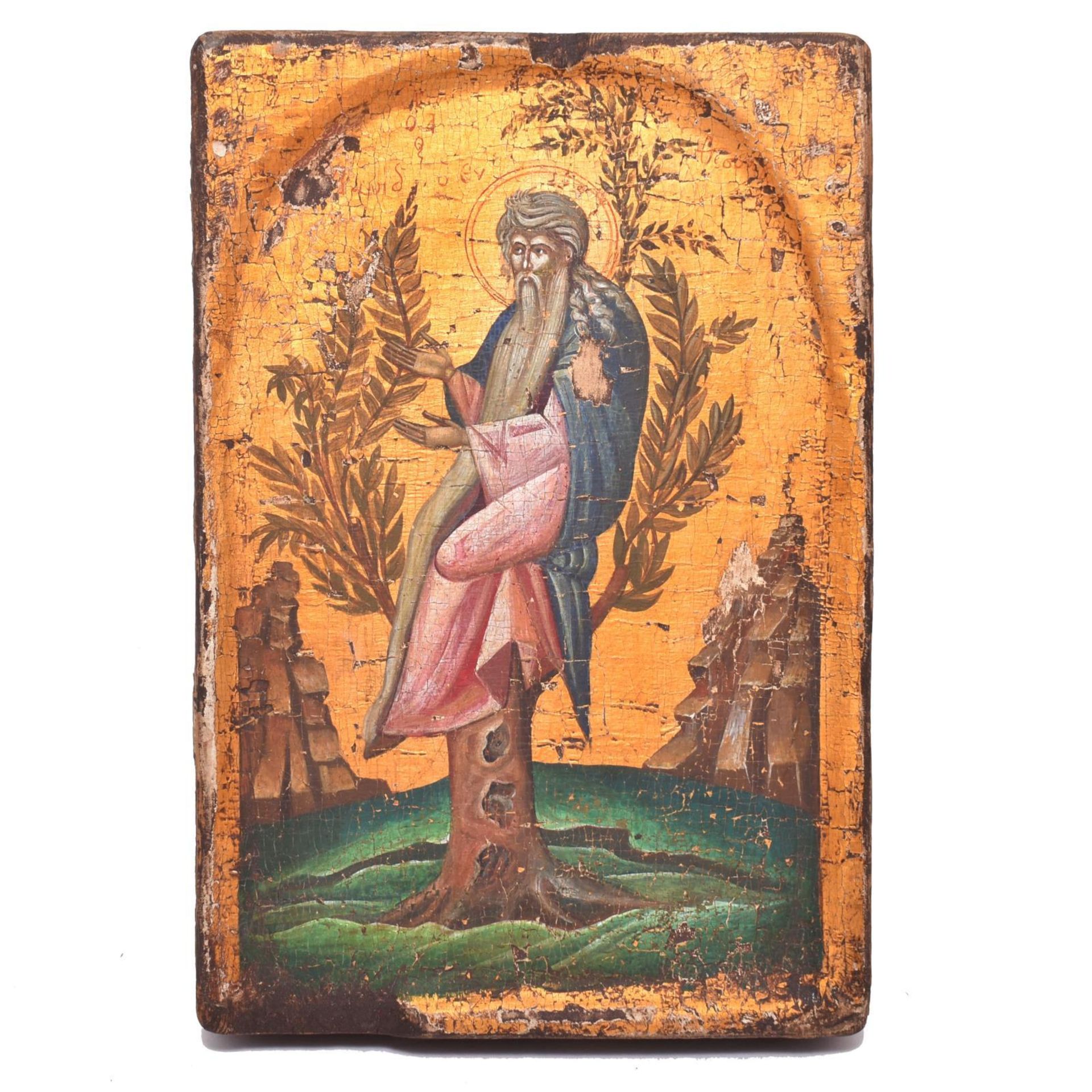 Heiliger auf einem Baum sitzend. Griechenland oder Balkan, 19./20. Jh. | Tempera und Goldgrund au... - Bild 2 aus 6