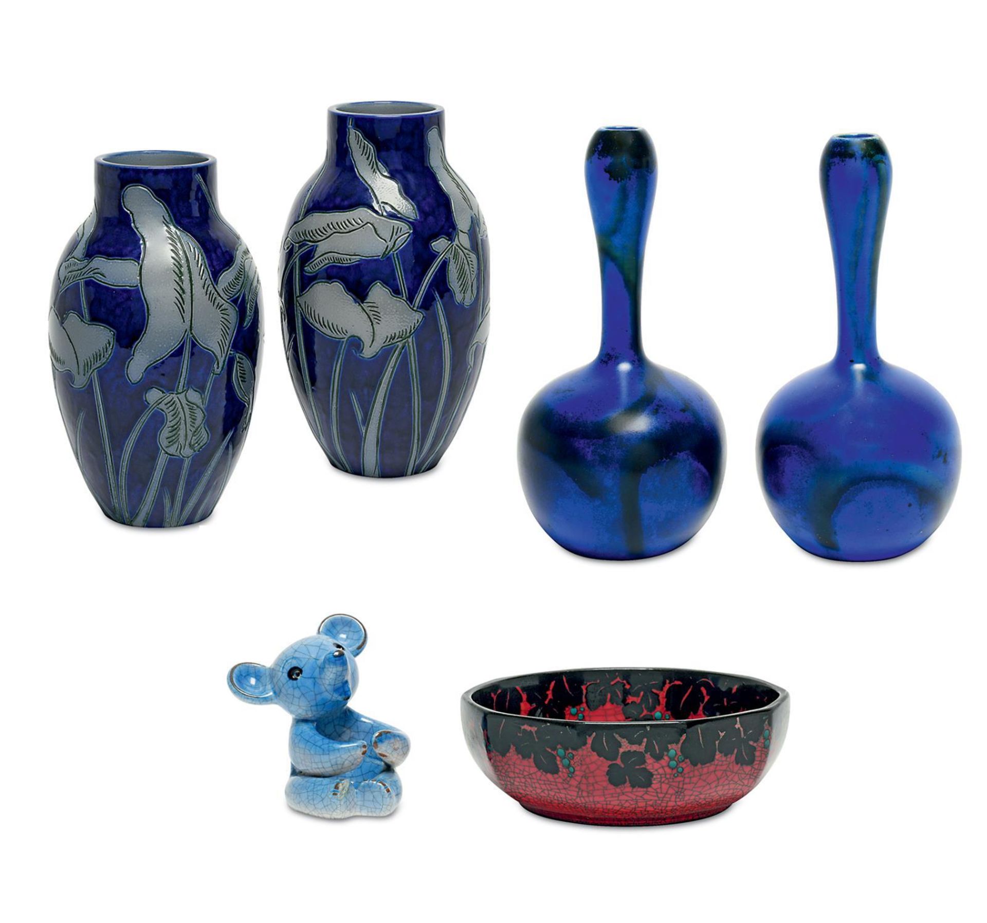 Zwei Paar Vasen und Schale. Verschiedene Hersteller, 20. Jh. | Keramik.