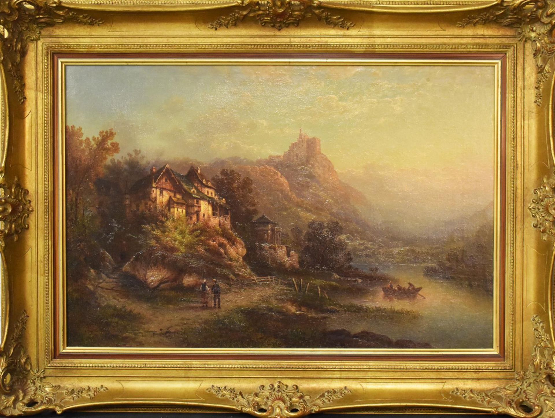 AUGUST, JOHANN. Flusslandschaft mit Burg. Öl/Leinwand.