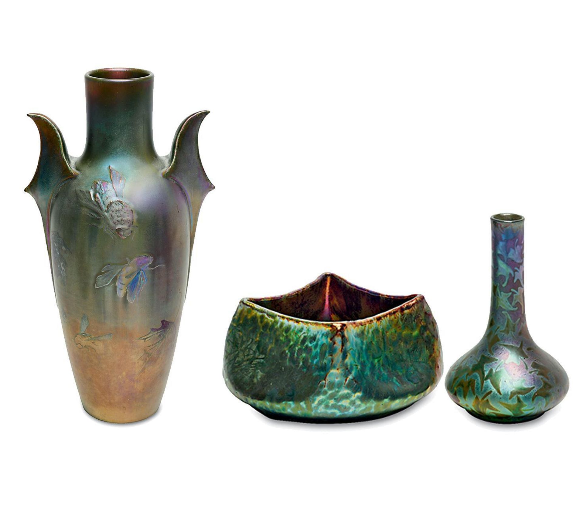 Große Vase, kleine Vase und Schale. Vallauris, Manufaktur Massier (Delphin?) bzw. Jérôme Massier...